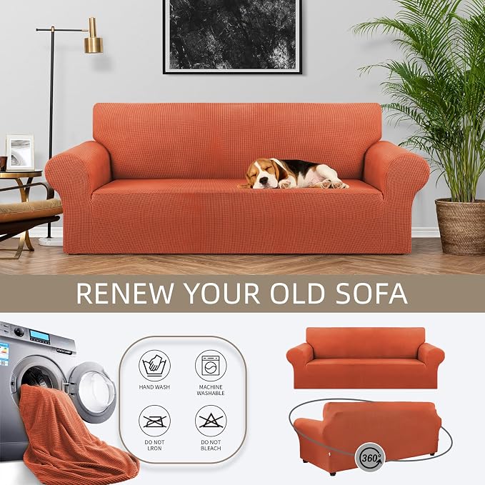 Stretch Couch Covers for Sofa, 3 Cushion Slipcover,Pureed Pumpkin | 1-Piece Washable Sofa Cover Pet Friendly(78"-94") Furniture Protector Soft Jacquard, Elastic Bottom for Dogs & Kids