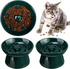 Tioncy 1 Pcs Ceramic Elevated Slow Feeder Cat Bowl, Raised Cat Slow Feeder Bowl, Anti Vomiting for Dry and Wet Food, No Spill High Edge Easy Clean Dishwasher Safe (Dark Green)