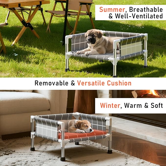 Elevated Dog Bed with Guardrail and Cushion, Raised Pet Bed for Small Dogs | 3-sided safety fence and soft cotton fabric. Anti-slip feet for stable indoor relaxation and outdoor activities