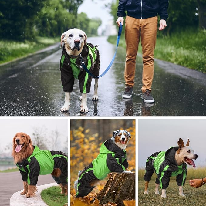 Dog Raincoat, 4 Leg Waterproof Dog Rain Jacket with Hood, Green XL | Rain Coat For Small Dogs, Doggy Poncho With Leash Hole, Snap Buttons, For Rainy Snowy Weather Walks, Hiking, Camping