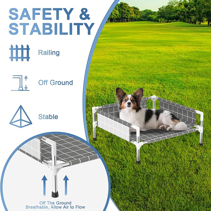 Elevated Dog Bed with Guardrail, Raised Pet Bed for Small Dogs | Rust-resistant stainless steel frame with safety fence & soft cotton fabric. Anti-slip feet for secure indoor and outdoor use