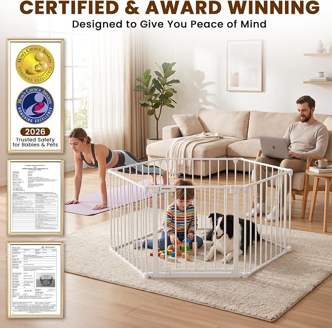 Mumeasy 150" Extra Wide Baby Gate, Play Yard Long Dog Gate for Doorways | Pet Gate Auto Close Walk Thru Door, Adjustable Large Child Safety Fence Gate for House Fireplace Outdoor,6 Metal Panels,White