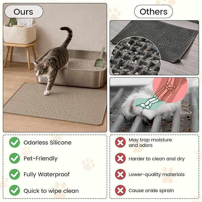 Cat Litter Mat, 23.5x16 Silicone Trapping Mat Beige | for Kitty Litter Box, Easy Clean, BPA Free Rubber, Center Litter Collection, Easy Pour-Back, Waterproof, Odor-Resistant