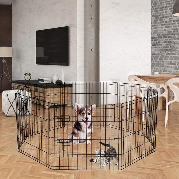 Puppy Pet Playpen 8 Panel 24 Inch Indoor Outdoor Metal Portable Folding Animal Exercise Dog Fence Ideal for Pet Animals Dog Cat Rabbit Breed Puppy (24" x 24" x 8) | Rustproof 8-panel metal playpen with door folds flat, sets up tool-free, and forms mult...