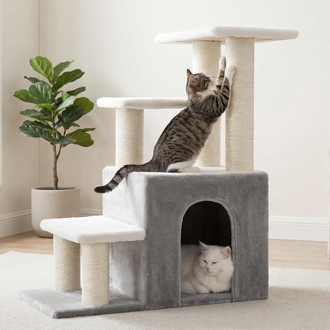Heybly Cat Scratching Post, Pet Steps for Indoor Cats and Dogs, HSP002SWWH | Small Cat Tree with Cat Condo, Pet Stairs with Full Wrapped Sisal Posts & Soft Plush Fabric, Light Gray & White