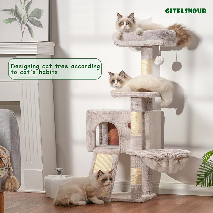 Gitelsnour Cat Tree Tower 42'' with Condo, Indoor Scratching Post GCT005SMU | Cat House for Small and Kittens, Soft Basket, 2 Large Platforms, Scratching Board, Multi-level, Toy, Mushroom