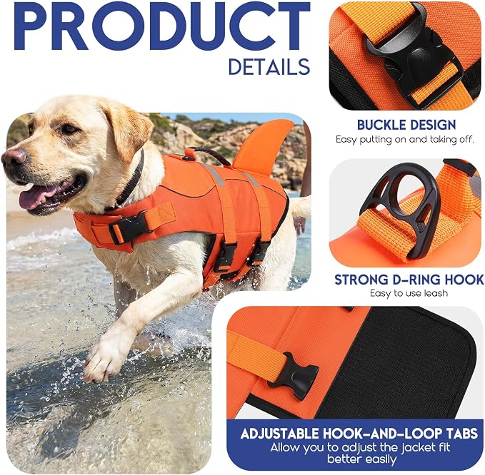 ASENKU Dog Life Jacket - Pet Safety Vest for Swimming & Boating, Shark Life Jacket with Floatation, Dog Lifesavers Swimsuits for Small Medium Large Dogs (OrangeMix, 2XL)