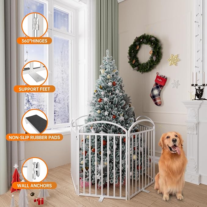 SNUOWU 6 Panels Full Matel Freestanding Dog Gates with Door, 144"Extra Wide 32"Tall Free Standing Dog Pet Gate for Indoor & Outdoor. Foldable Pet Fences for Doorways, House, Stairs, Porch, Deck, Yard