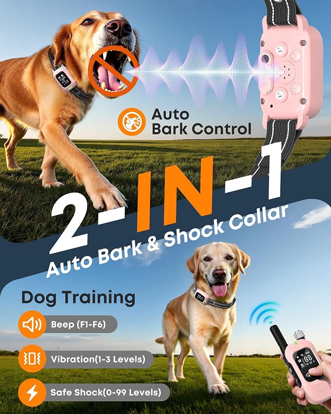 2-in-1 Dog Bark Collar & Training Collar with Remote, 4500FT Range | Shock Collar with Automatic Anti-Bark Control, IPX8 Waterproof Receiver, LED Light, and Adjustable Fit for All Breed