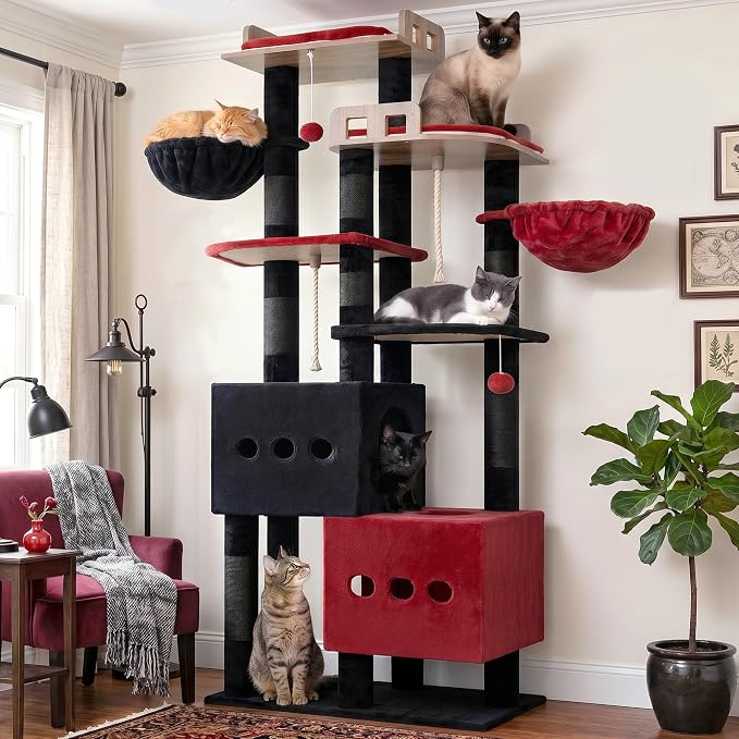 Gitelsnour Sturdy Cat Tree Tower with 2 Large Condos, 4 Big Perchs GCT039BR | 74.8" Sturdy Cat Furniture for Indoor Cats Large Adult with 2 Cozy Cat Baskets, Sisal Scratching Posts & Toys, Black and Red