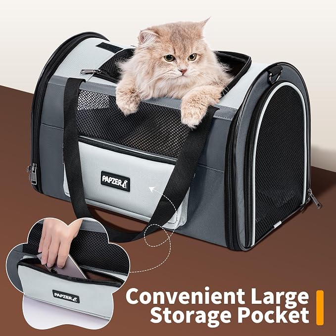 Collapsible Small Pet Carrier for Cat 15 lbs with Fashion Pocket Travel Bag | Lightweight Sturdy Little Puppy Dog Carry Crate, Breathable Stylish Kitten Soft Cage Kennel, Portable Yorkie Box Grey