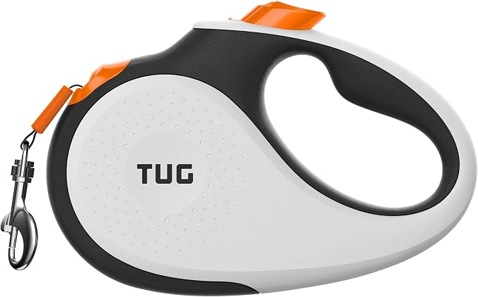 TUG Tiny 360° Tangle-Free Retractable Dog Leash with Anti-Slip Handle | 10 ft Nylon Tape | One-Handed Brake, Pause, Lock (White/Orange)