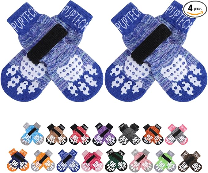 PUPTECK Anti-Slip Dog Socks with Double Sides Grips for Small Medium Large Dogs Hardwood Floors Prevents Licking, Dog Shoes for Hot Pavement Traction Control for Senior Dogs, Royal Blue, M