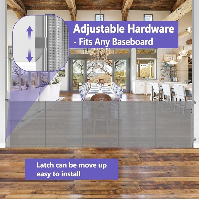 Reinforced 42" Tall Pet Gate x 96" Long Baby Gate, Prevents Crawling Under | Indoor/Outdoor Tall Retractable Gate, Space-Saving, One-Hand Operation Safety Lock, Scratch-Resistant Mesh, Easy Install/Gray