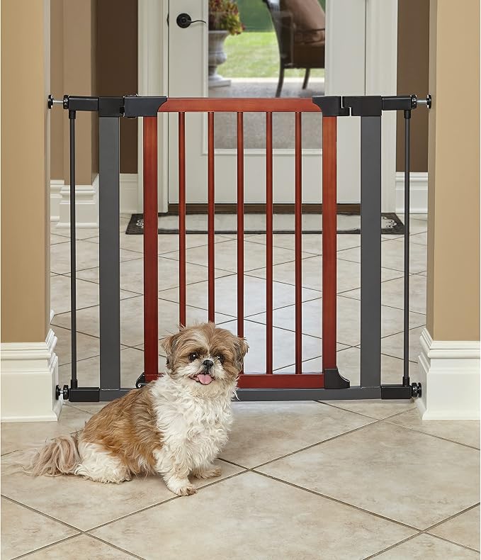 Midwest 29" Walk-Thru Dog Gate, Wooden Door | Steel Frame, Pressure Mounted, Expands 29.5"-38" Wide, Auto-Close Door, Latch Closure, Includes Two 3" Extensions