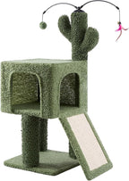 32" Cactus Cat Tree for Indoor Cats, 2-in-1 Cat House with Sisal Scratching Post & Ramp, 2-Level Cat Tower with Rotatable Feather & Ball Toys, Stable Cat Condo for Small/Medium Cats, Green