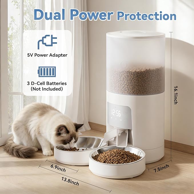 Sweetcrispy Automatic Cat Feeder for 2 Cats, 6L Automatic Pet Feeder, White | 25.3 Cups, 2 Stainless Bowls, Programmable Schedule, 6 Meals/Day, 50 Portions/Meal, Dual Power Supply, 10s Meal Call
