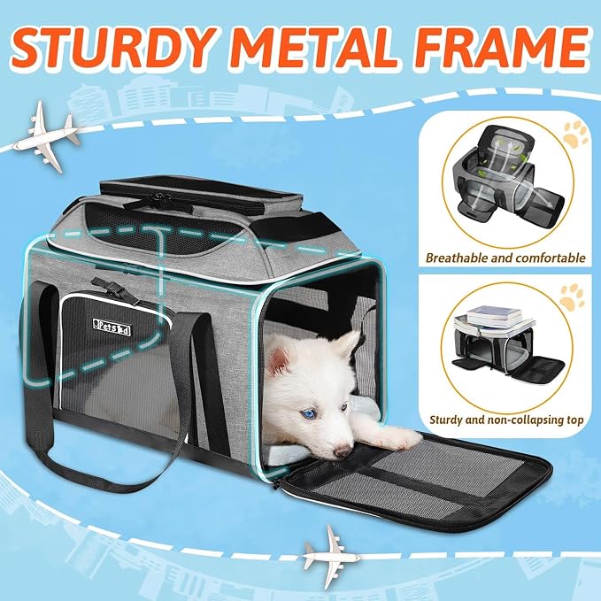 Petskd Top-Expandable Small Pet Carrier 17"x12"x8.5" Airline Approved | for JetBlue/Frontier/Spirit Airlines, Lockable Safety Zippers and Anti-Scratch Mesh, Soft-Sided, Pets Under 8 Lbs, Grey