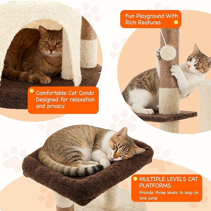 45.3-Inch Cat Tree Tower for Indoor Cats, Brown | Two cozy cat condos; three soft platforms; full sisal scratching wrap; removable dangling toy; reinforced anti-tip base