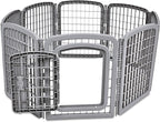 Amazon Basics 8-Panel Octagonal Plastic Dog Playpen, Indoor/Outdoor Pet Fence with Gate, Exercise Pen for Puppies and Small Animals, 28 inches, Grey