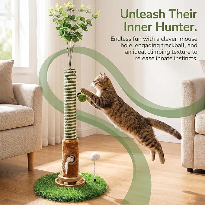 Cat Scratching Post 39'' Tall with Interactive Ball & Mouse Hole | For Indoor Adult Cats, Sisal Rope Cat Tree Tower. Kitty Scratcher Furniture with Artificial Grass Tree for Kittens Cat Toys