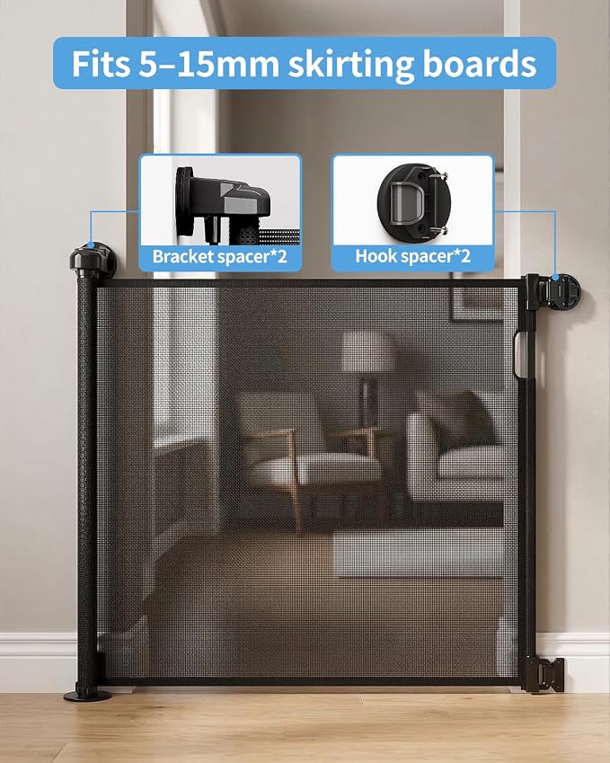 2-Pack Retractable Baby Gate for Stairs-33”Height, Expands up to 55”Width-Safety Gate for Infants, Toddlers, Dogs & Pets-Easy Install, Secure Closure, Black Mesh Design for Indoor & Outdoor Use