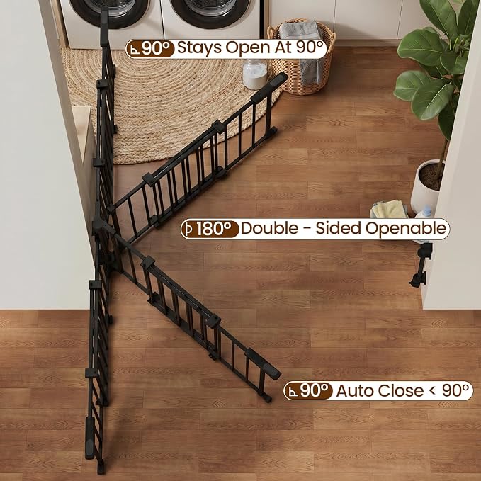 Mumeasy 36" Tall Baby Gate for Stairs, 29.5-43.3" Expandable Hardware Mounted (Drill Needed), Removable No Bottom Bar Dog Gate, Auto Close Wide Walk Thru Safety Gate for Doorways, Pets& Toddlers,Black