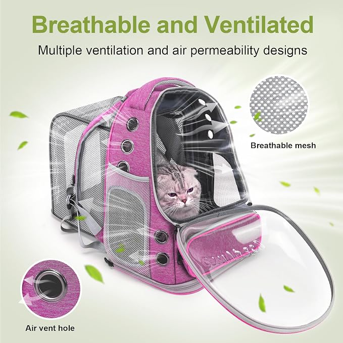 Cawypety Expandable Cat Backpack Large Space Cat Bubble Backpack Carrier | Pink, for Carrying Cats Pets and Small Dogs, Airline-Approved, for Travel Hiking Walking Car, Transparent Window, Breathable