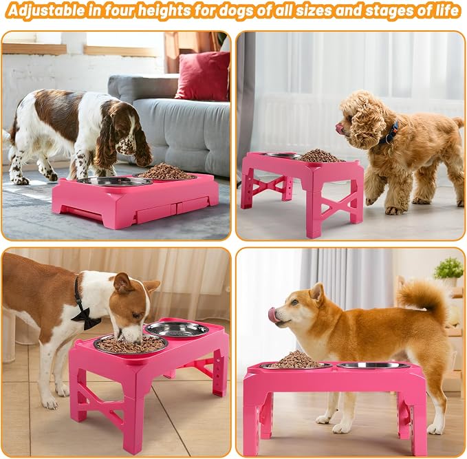 Hubulk Elevated Dog Bowls with 2 Stainless Steel Dog Food & Water Raised Bowls with No Spill Edge Non-Slip Stand Adjusts to 3 Heights(2.75", 6.0", 7.5") for Small Medium Dogs and Pet