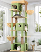 Globlazer Cactus Large Cat Tree, 80 inch Tall Climbing Tower, F80F, Green | Multi-Level Cat Scratching Tower for Indoor Multiple Large Adult Cats Kittens with 3 Cat Caves, 3 Hanging Baskets