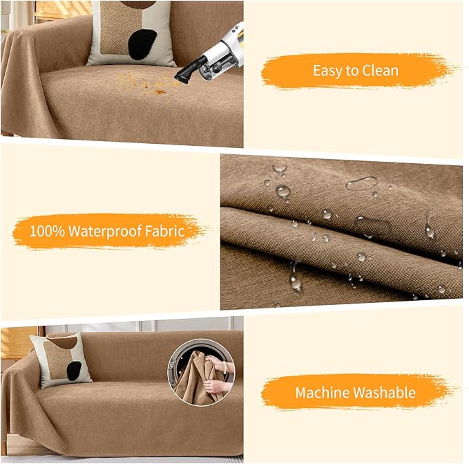 Deep Dream Cat-Scratch Resistant Couch Cover, Waterproof Sofa Cover for 3 Cushion Couch Washable, Pet Friendly Couch Protectors Anti Slip Thickened Sofa Slipcovers for Dogs Pets, 71" x 150", Brown