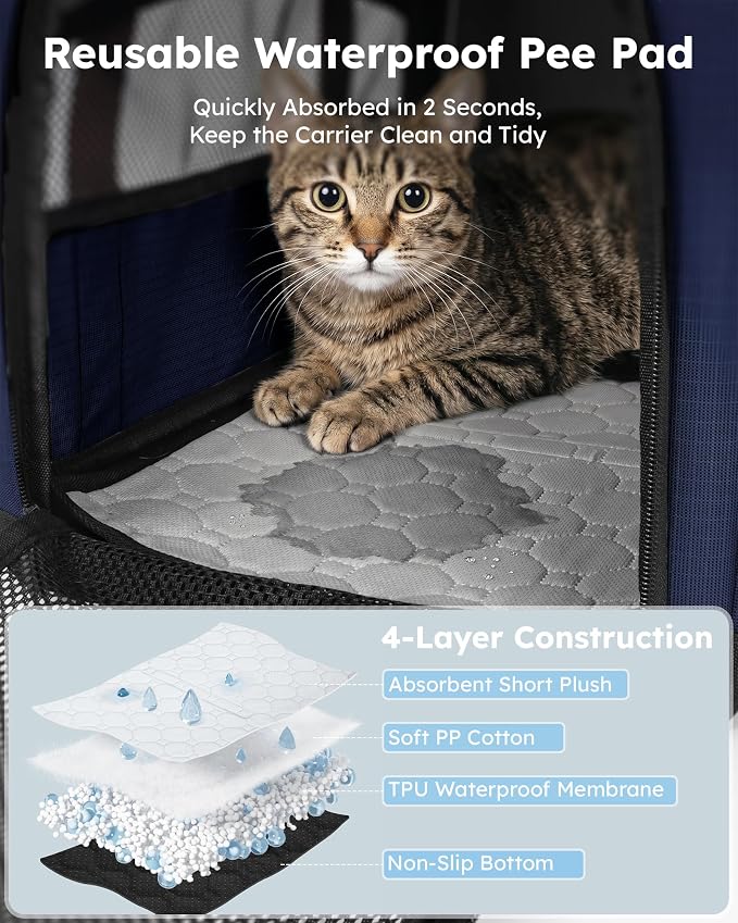 Pecute Cat Carrier, Top Expandable Dog Crate for Travel, Blue | 5mm Anti-Collapse Steel Frame, Soft Mesh, Vet Visits, Foldable Travel Crate,Outdoor Hammock, Leakproof Pee Pad & Bowl