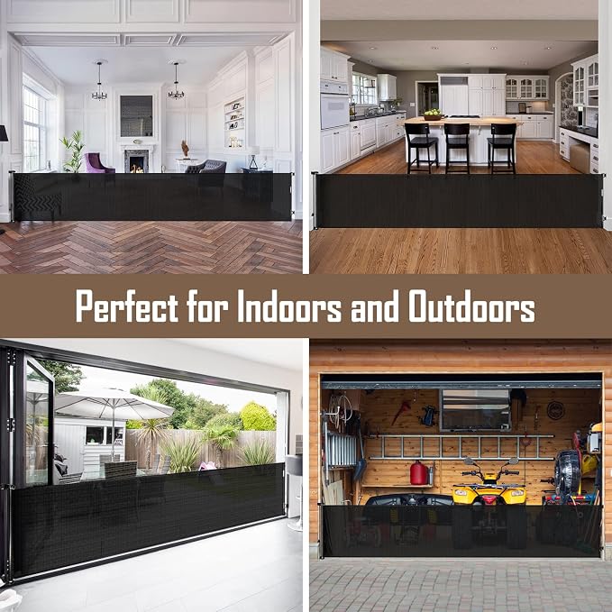 185" Extra Long Baby Gates for Large Openings, Retractable Dog Gate, Black | Indoor/Outdoor Retractable Gate for Garage/Deck/Living Room, Space-Saving, Easy to Use Safety Lock, Sturdy Mesh, Easy Install