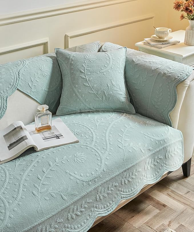 Leaf Floral Cotton Quilted Dog Couch Cover for Sofa Farmhouse Rustic Embroidered Sectional Couch Cover Soft Anti-Slip Sofa Slipcover Furniture Protector for Kids, Pets (Blue,43"x43")