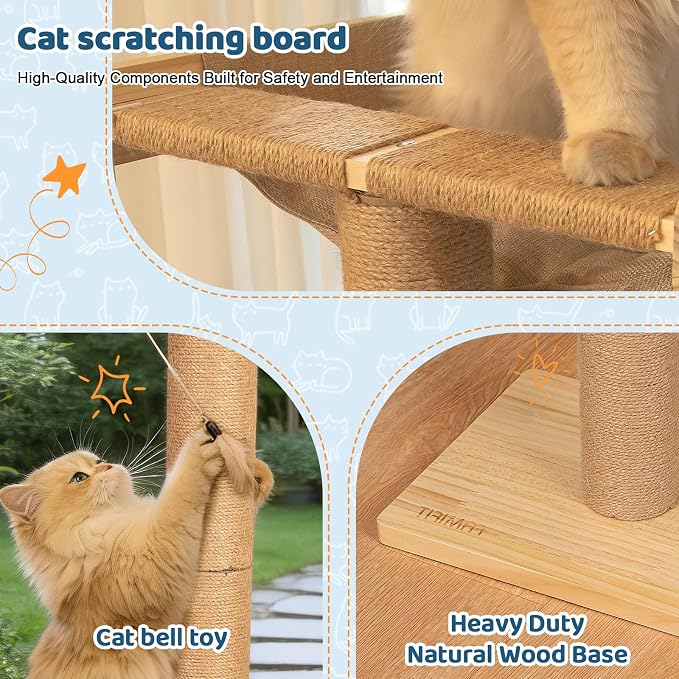 46" Tall Cat Scratching Post with Window Perch | Natural Linen Mat, 3-Piece Detachable Sisal Posts, Drill-Free Suction Cup Mount, Elevated Privacy Hammock, 45 LBS Capacity