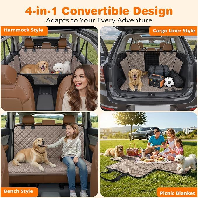 URPOWER 4 in 1 Dog Car Seat Cover for Back Seat, Waterproof Hammock | Mesh Window, Side Flaps, 600D Oxford, Scratch Resistant, Non-Slip, Easy Install, Machine Washable, Dog Seat Belt Included