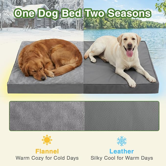 Waterproof XXXL Dog Bed, Outdoor Washable Large Foam Crate Pad 54"Anti-Slip | Jumbo Pet Bed, Reversible Faux Leather & Flannel, Durable Removable Cover, Kennel Pad 53"x36" Gray