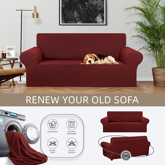 Stretch Loveseat Couch Cover, 2 Cushion Couch Slipcover,Dark Red | 1-Piece Washable Sofa Cover Pet Friendly (55"-78") Furniture Protector Soft Jacquard, Elastic Bottom for Dogs & Kids
