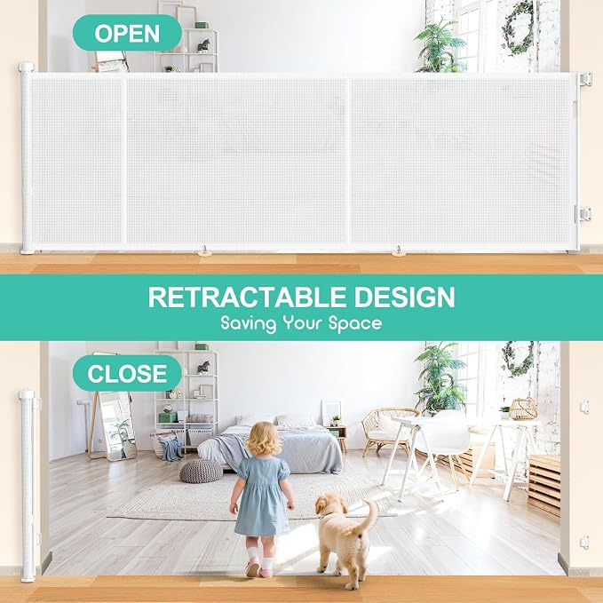 EZIGO 196 Inch Retractable Baby Gates, 41 Inch Extra Tall Retractable Gate | Reinforced Retractable Dog Gate with Rods, 16.3FT Extra Long Mesh Pet Gate for Stairs Hallways Doorway Indoor Outdoor, White