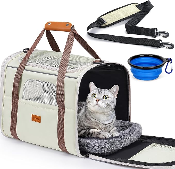 Morpilot Cat Carrier - Soft Sided Cat Carrier Large for Big Medium Cats and Puppy up to 18lbs, Pet Carrier with Safety Zippers, Foldable Bowl, Airline Approved Large Dog Carrier - Beige