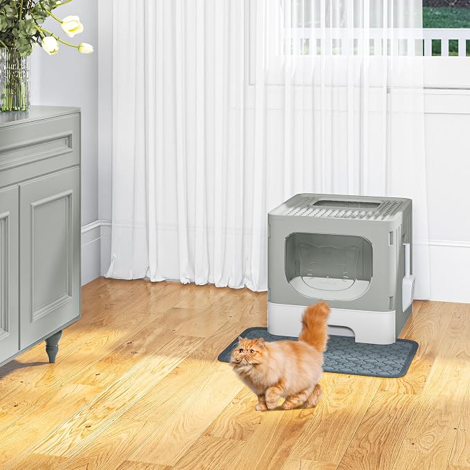 YITAHOME Large Enclosed Cat Litter Box w/Mat Scoop Grey Litter Box with Lid | Anti-Splash Kitty Litter Box with Lid & Pull-out Tray for Odor Control & Easy Cleaning, Front Entry Top Exit, Quick Assembly
