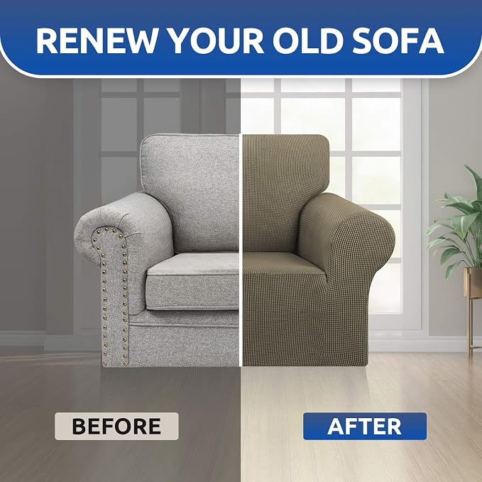 Stretch Chair Sofa Slipcover, Single Couch Cover,Khaki | 1-Piece Washable Sofa Cover,Pet Friendly (31"-55") Furniture Protector Soft Jacquard Elastic Bottom for Dogs & Kids