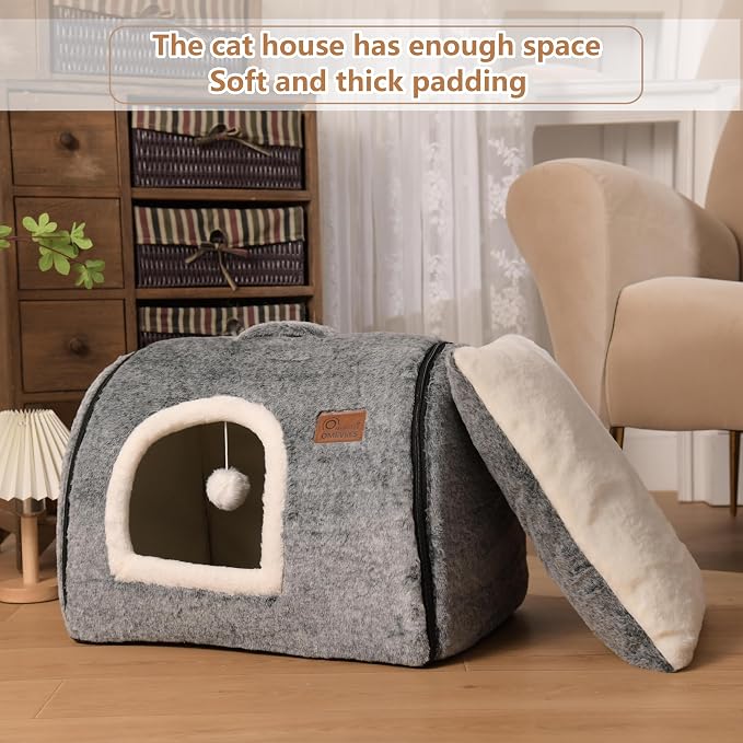 cat Bed cave-cat beds for Indoor Cats,Soft and Comfortable Cute cat House,with Removable Washable Cushioned Pillow,Enclosed pet Bed,Kitty cat hut、Hideaway,Small Large Dog Tent (Dark Grey)
