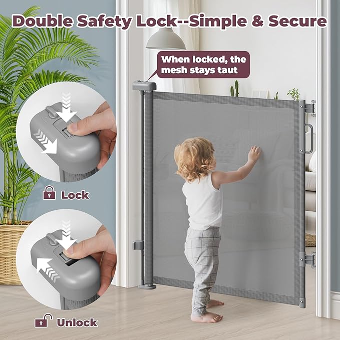 42" Extra Tall Retractable Baby Gates, 76" Wide Dog Gate for Stairs | Mesh Gate Indoor Outdoor for Doorways Deck Kitchen, Long Safety Gate for Child Toddler, Prevent Pet from Jumping Over, Grey