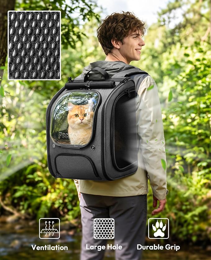 Pecute Cat Backpack Carrier,Large Space Dog Carrier Backpack,Ergonomic,Gray | Bubble Transparent Window,Sunshade Curtain,Safety Rope,Sturdy,Large Mesh for Breathability,Suitable for Outdoor,Vet