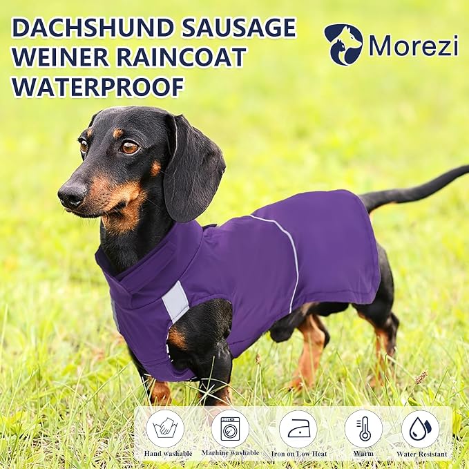 Dachshund Raincoat Weiner Dog Clothes Suitable for Dachshunds Corgi, Weiner, Dog Waterproof Coat with Reflective Stripe underbelly Protection - Purple - XS