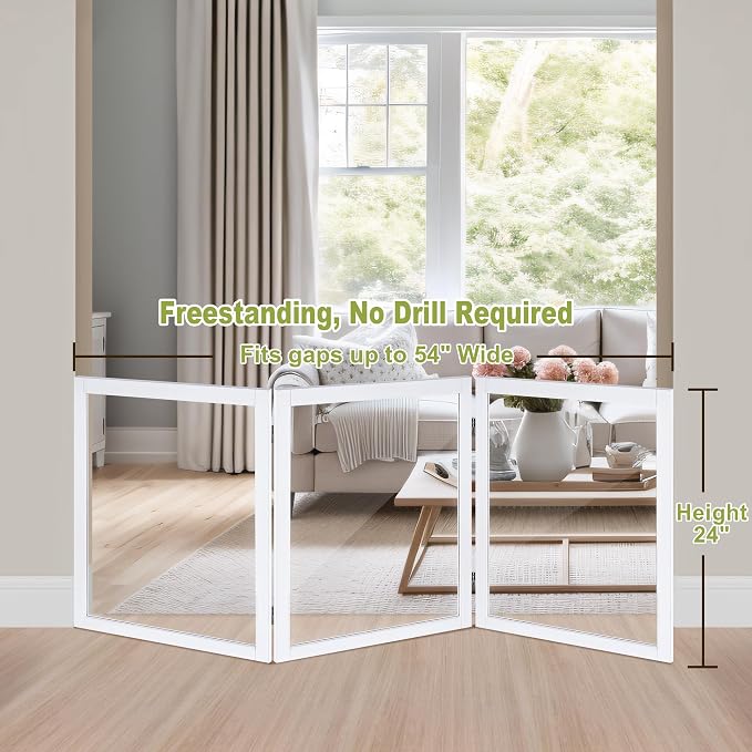 LZRS Clear Dog Gate for Indoor Use - Transparent Pet Fence with Solid Hardwood and Plastic Board, Stylish & Durable freestanding Pet Gate for Doorways, Stairs and Hallways, Off White
