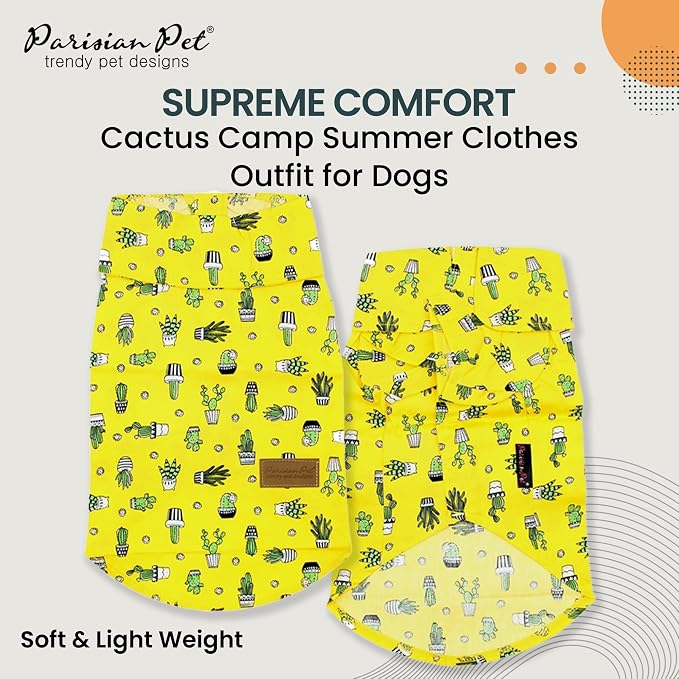 Parisian Pet Cactus Dog Shirt - Cotton Clothes for Small Dogs - Stylish Tropical Yellow Dog Outfit - Lightweight and Soft Puppy Clothes - Trendy Tshirts for Dogs - Comfortable Summer Camp Pet Apparel