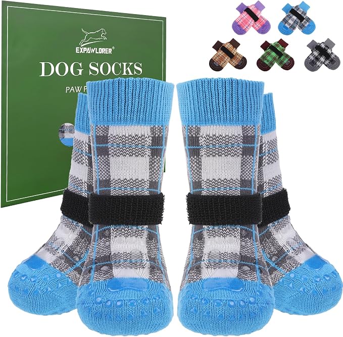 EXPAWLORER Dog Socks for Hardwood Floors, Dog Shoes for Winter, Dog Booties for Cold Pavement to Prevent Licking, Paw Protectors Strong Traction Control for Small Medium Large Dogs,Blue XS