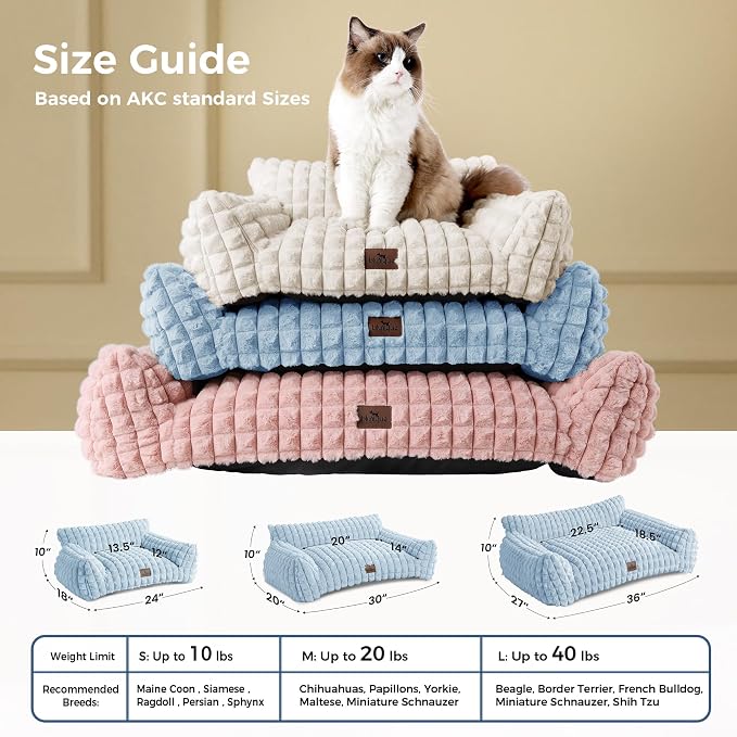 Cute Cat Couch Bed for Indoor Cats - Fluffy Faux Rabbit Fur Pet Sofa with Washable Cover, Fuzzy Pet Couch in Suppportive Small & Large Cats Beds, 24x18 x10 inch, Light Blue